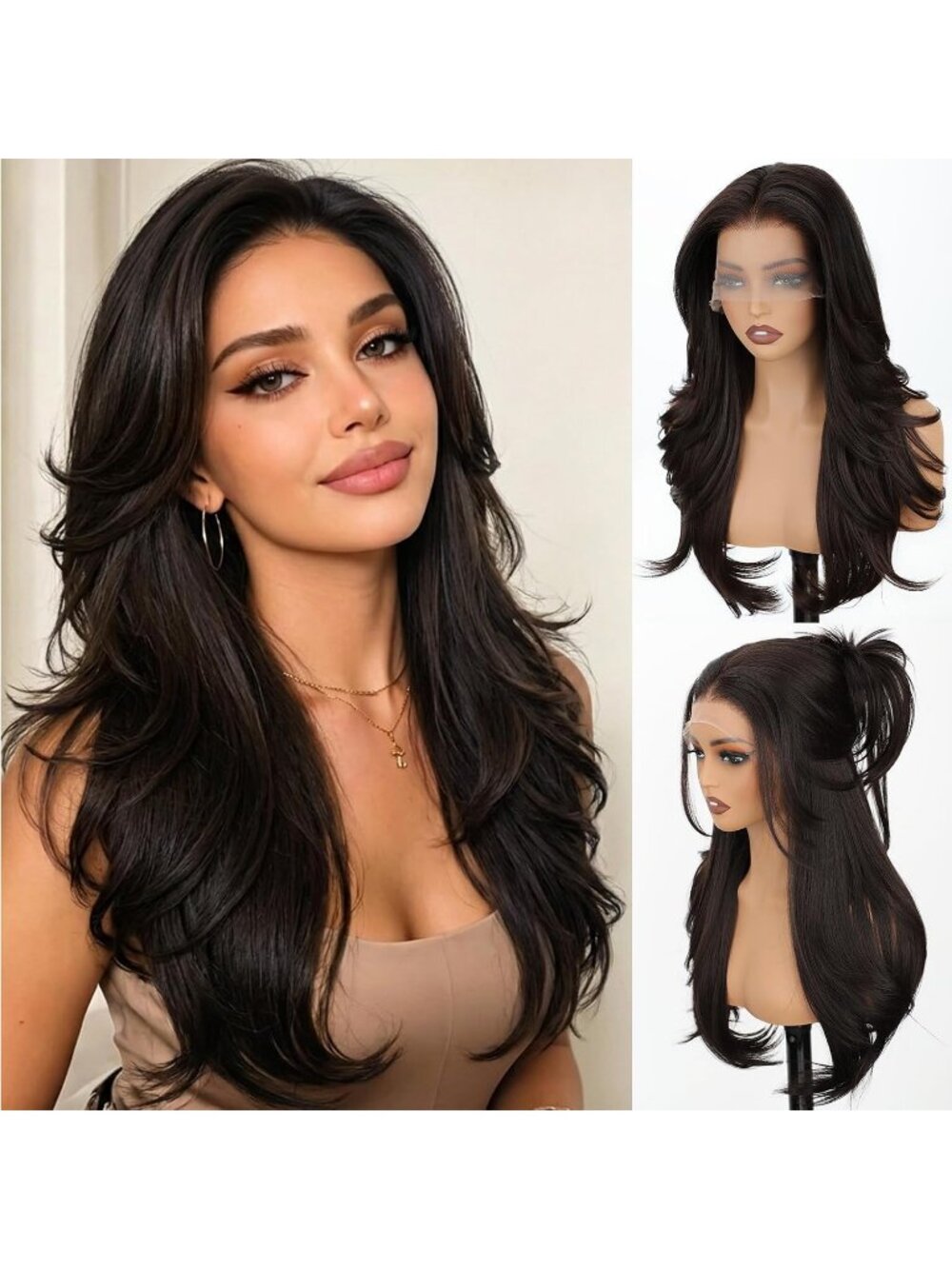 26Inch Women's Dark Brown Fashion Glueless Synthetic Butterfly Cut Long Wavy Wig
